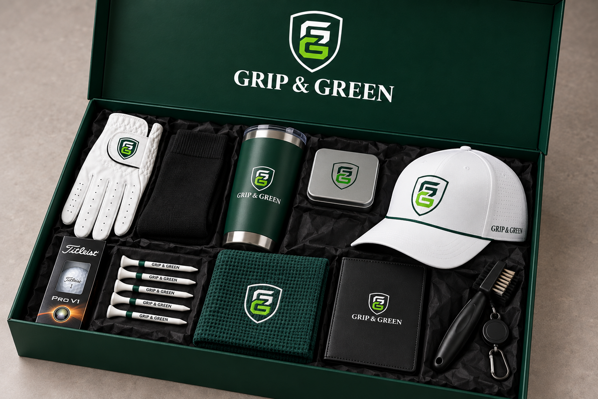 Grip & Green Ultimate golf gift box with cap, glove, balls, tees, towel, tumbler and accessories